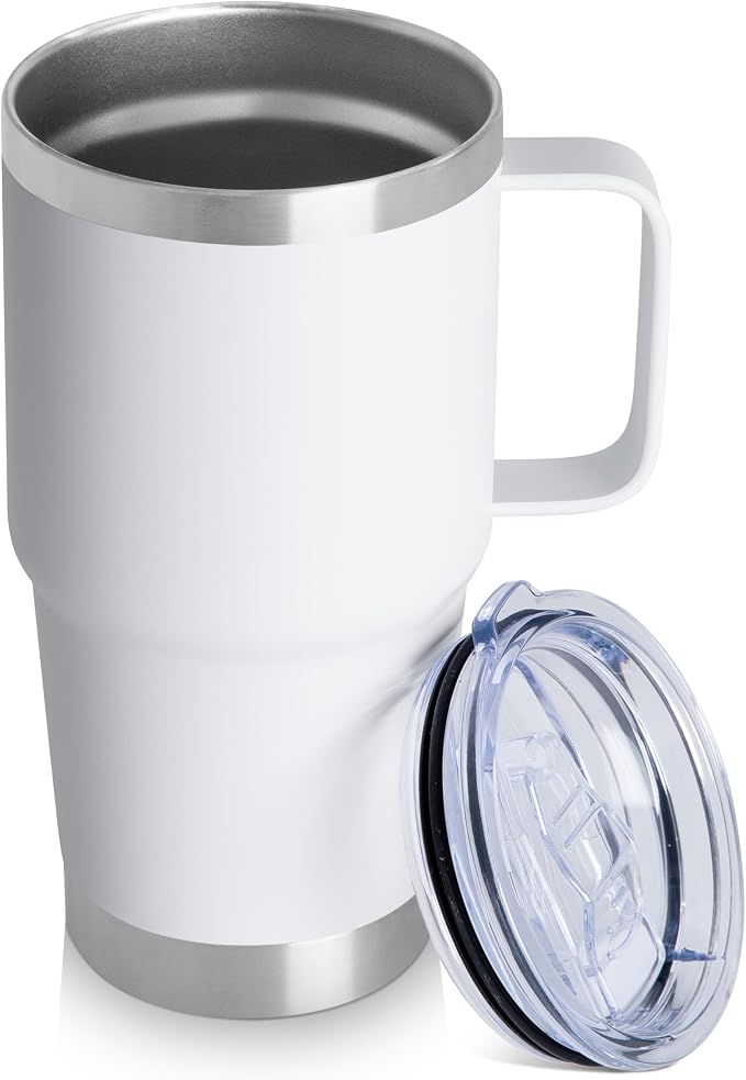 20oz Tumbler with Handle & Lid, Insulated Stainless Steel Travel Mug, Leakproof Cup for Coffee & Tea, BPA-Free Double-Wall Vacuum Tumblers for Hot/Cold Drinks, Commuter, Gym, Office, White 1 Pack