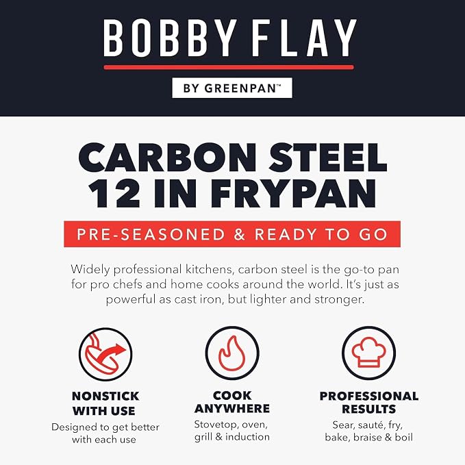GreenPan x Bobby Flay 12" Carbon Steel Frying Pan Skillet, Pre-Seasoned Ready to Use, Nontoxic, PFAS-Free, Induction Compatible, High Heat & Oven Safe Durable Cookware, Cast Iron Alternative