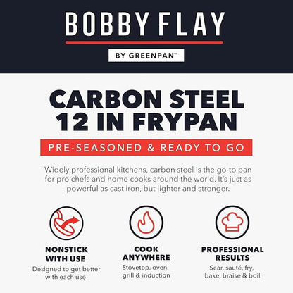 GreenPan x Bobby Flay 12" Carbon Steel Frying Pan Skillet, Pre-Seasoned Ready to Use, Nontoxic, PFAS-Free, Induction Compatible, High Heat & Oven Safe Durable Cookware, Cast Iron Alternative