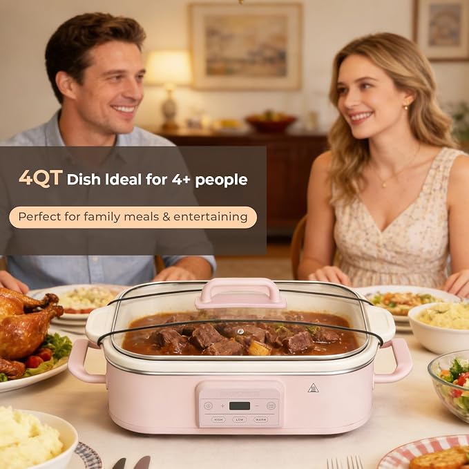 4 Quart Casserole Programmable Slow Cooker with Ceramic Baking Dish - Perfect Kitchen Small Appliance for Family Dinners, Oven Safe and Durable Bakeware for Lasagna, Roasts, Pink