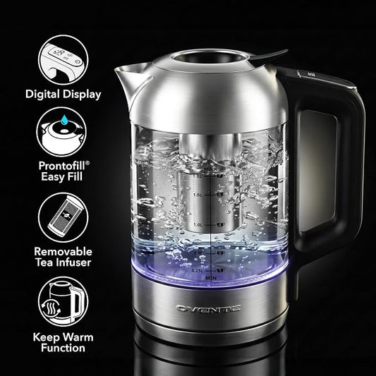 OVENTE Digital Glass Electric Kettle with Temperature Control, 1.8L Cordless Electric Tea Kettle with 7 Presets, Water Boiler Electric Pot, Keep Warm Function, Auto Shut-Off, Silver KGD752S