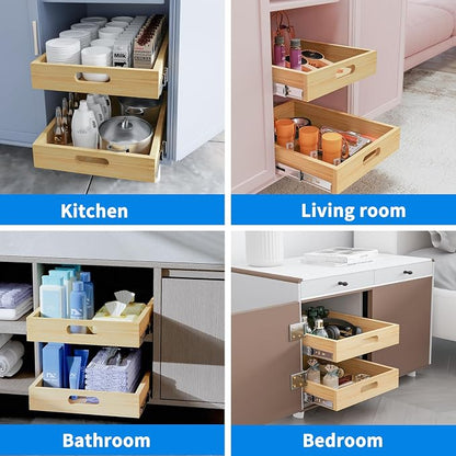 2 Set Pull Out Cabinet Organizer, Soft Close Slide Out Wood Drawer Storage Shelves for Kitchen, Base Cabinet Organization for Pantry, Finished, Heavy-Duty, Bottom Assembly (33” W x 21” D)