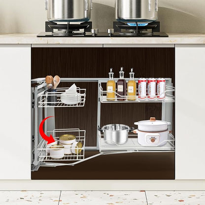 Pull-Out Cabinet Organizer, 2-Tier Left or Right Corner Kitchen Cabinet Organizer, Slide Out Drawer, Stainless Steel, Grey Silver, 4 Baskets, for Pantry, Kitchen, Apartment, Home Storage
