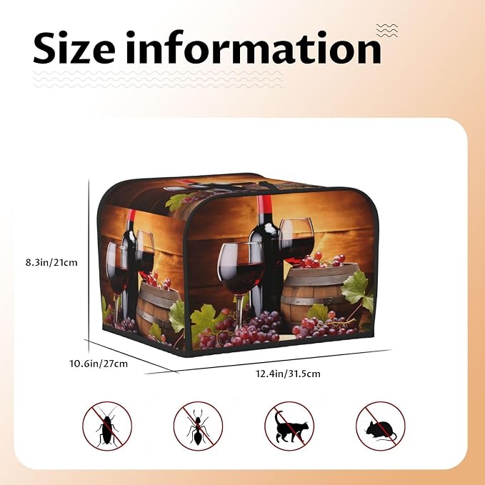 Red Wine Glass Grapes Theme 4 Slice Toaster Cover Wide Slot Dustproof Cap Bread Maker Fingerprint Bakeware Protection Kitchen Appliance Cover Toaster Bag