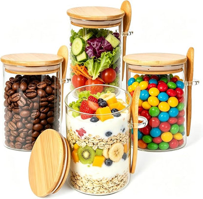 Airtight Glass Jars With Bamboo Lids And Spoons, 17oz Glass Canisters With Lid For Spice Beans Tea, Sealed Sugar Container, Glass Coffee Containers, Food Jars Canisters, Kitchen Accessories (4pcs)