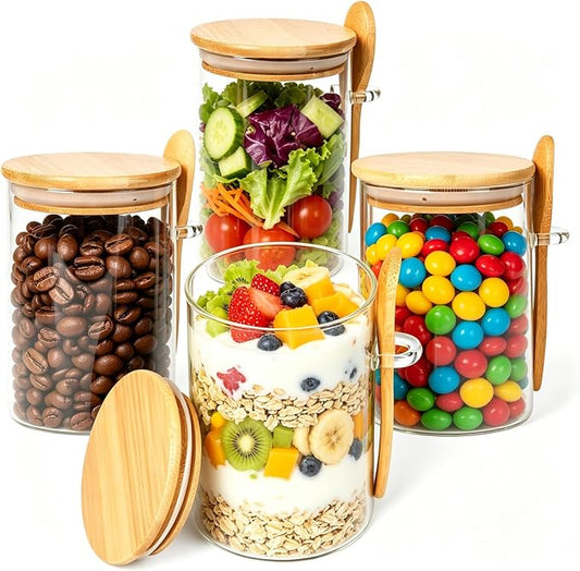 Airtight Glass Jars With Bamboo Lids And Spoons, 17oz Glass Canisters With Lid For Spice Beans Tea, Sealed Sugar Container, Glass Coffee Containers, Food Jars Canisters, Kitchen Accessories (4pcs)
