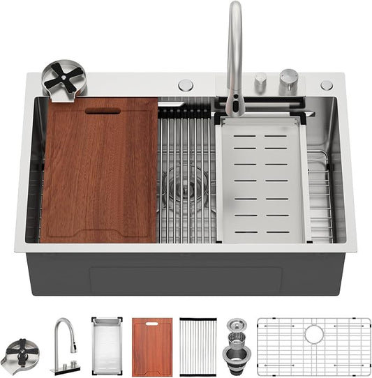 Lordear 33x22 Inch Drop In Kitchen Sink Waterfall Functional T304 16 Gauge 33 Inch Workstation Stainless Steel Single Bowl Kitchen Sinks, 33X22X10 Inch