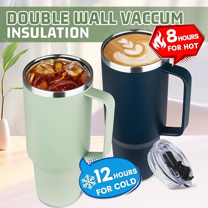 40 oz Tumbler with Handle and Flip Straw, 100% Leakproof Insulated Tumbler with Lid and Straw, Stainless Steel Travel Coffee Mug, Insulated Coffee Thermal Cup for Cold and Hot (Green Tea)