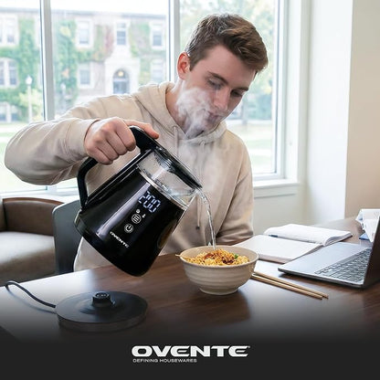 OVENTE 1L Small Electric Kettle with 5 Temperature Preset, Digital Display, 5Hr Keep Warm, Auto Shut-Off, Double-Wall Cool Touch Exterior, Borosilicate Glass,1500W BPA Free Water Boiler, Black KD95B