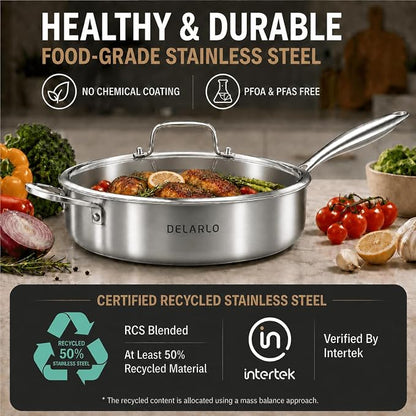 DELARLO Tri-Ply Stainless Steel Frying Pan,12 inch Skillet with Lid,6 Quart Saute Pan,Compatible with All Cooktops,Oven Up to 660℉,Chicken Fryer,Dishwasher-Friendly