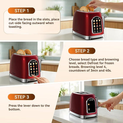 RONGBEST Retro Stainless Steel 2 Slice Toaster with Touchscreen Wide Slot for Family Breakfast Bagel & Bread, Reheat & Defrost, 6 Browning Levels, Removable Crumb Tray, Red Pearl