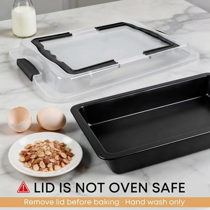 Black Sheet Cake Pan with Lid, 2-Pack 15"×10"×2" Deep Jelly Roll Pan, Nonstick Ceramic Coating, PFOA & PTFE Free, Oven Safe 450°F, for Texas Sheet Cake, Brownies, Potluck