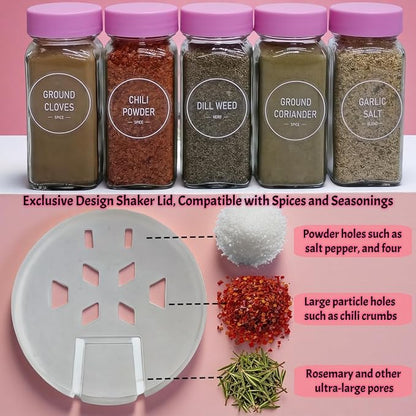 Pink Spice Jars with Labels - 24 Glass Spice with Shaker Lids & Airtight Plastic Caps - 4oz Complete Seasoning Containers Organizer Set for Cabinet, Drawer & Rack (Deeppink)