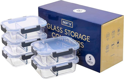 MFY 5-Pack 36 OZ Glass Storage Containers with Lids - 2 Compartment Meal Prep Set, Airtight Glass Lunch Containers, Microwave, Oven, Freezer & Dishwasher Safe, Gray
