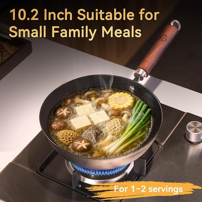 WANGYUANJI Cast Iron Wok Pan with Lid, 10.2 Inch Small Flat Bottom Stir Fry Skillet, Uncoated Traditional Chinese Iron Pot for 1-2 People, Compatible with Induction & Gas Stoves