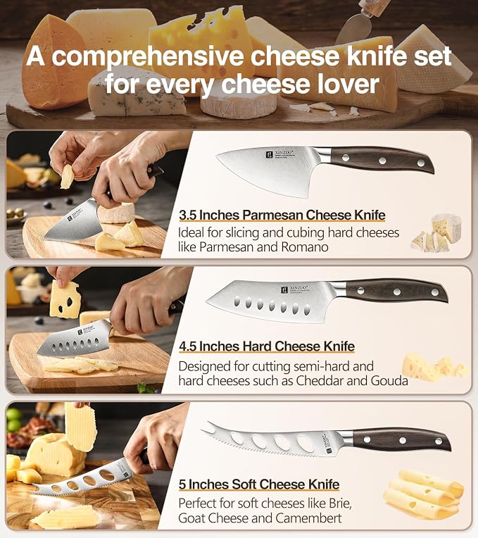 XINZUO Cheese Knife Set with In-Drawer Block, 4-Piece for Charcuterie Board,Hard Cheese Knife-Parmesan Cheese Knife,German Stainless Steel,Red Sandalwood Handle