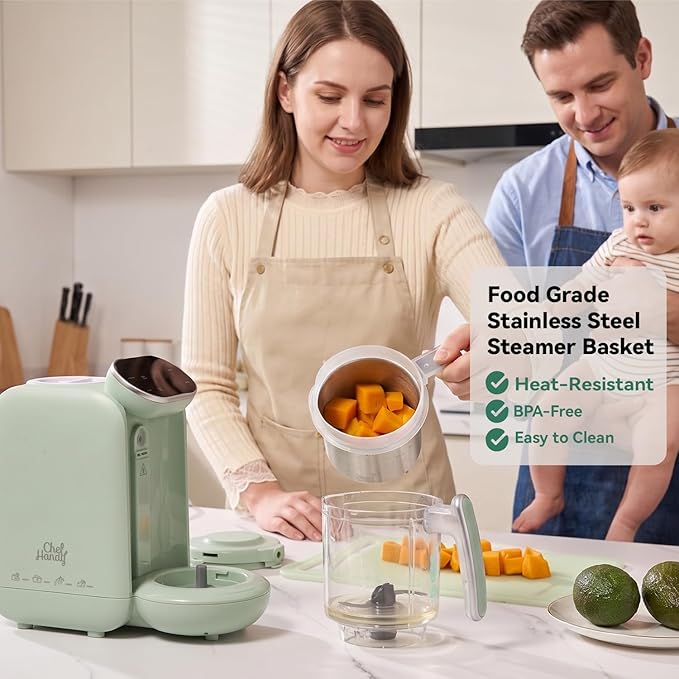 Chefhandy Baby Food Maker with Stainless Steel Steam Basket | 5-in-1 Baby Food Processor, Steamer & Blender for Homemade Baby Food, BPA-Free, 6 Reusable Pouches, Ideal for Newborns & Infants, Green