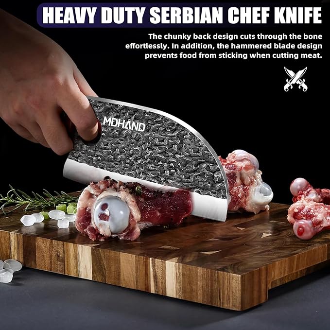 MDHAND Butcher Knife Set, 8PCS Hand Forged Serbian Chef Knife Set, Meat Cleaver Knife for Kitchen, Bone Chopper Knives & Viking Knives for Home & Outdoor Camping BBQ, Gift for Men