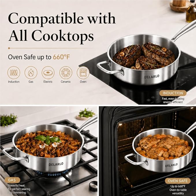 DELARLO Tri-Ply Stainless Steel Frying Pan,12 inch Skillet with Lid,6 Quart Saute Pan,Compatible with All Cooktops,Oven Up to 660℉,Chicken Fryer,Dishwasher-Friendly