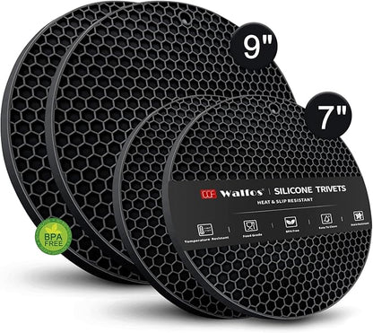 Silicone Trivet Mats - Walfos Heat Resistant Pot Holders Set, 4pcs 2 Sizes 7 Inch & 9 Inch, Multipurpose Non-Slip Hot Pads for Hot Pot, Hot Dishers, Jar Opener, Food Grade & BPA Free (Black)