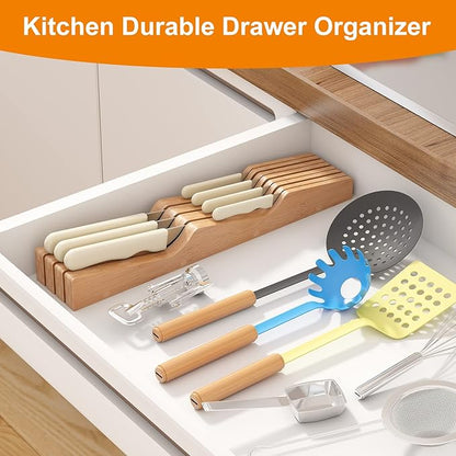 In-Drawer Knife Block Organizer - Bamboo Wood Drawer Knife Organizer-Protecting Knife Organizer Block (Not Included) (Natural, 7 Knives Dock)