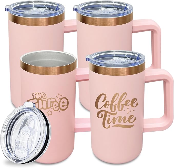20 oz Insulated Coffee Mug with Lid, Stainless Steel Coffee Tumbler Bulk, Double Wall Vacuum Travel Mug with Handle, Leakproof Powder Coated Coffee Cups for Hot and Cold Drinks (Pink,4 pack)