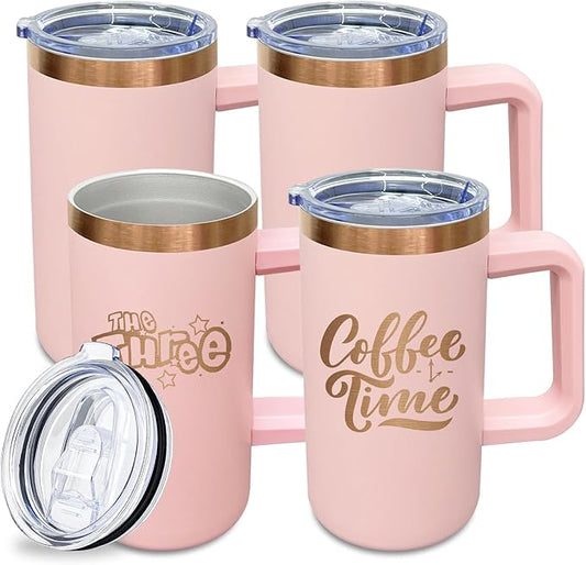 20 oz Insulated Coffee Mug with Lid, Stainless Steel Coffee Tumbler Bulk, Double Wall Vacuum Travel Mug with Handle, Leakproof Powder Coated Coffee Cups for Hot and Cold Drinks (Pink,4 pack)
