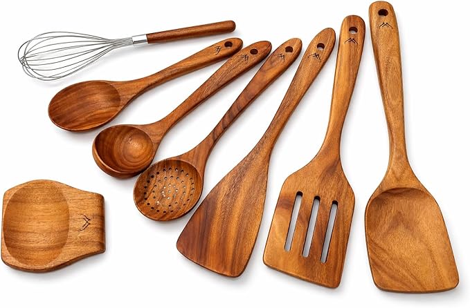 8 Pcs Teak Wooden Utensil Set – Premium Wooden Cooking Utensils Set, Natural Wooden Spoons for Cooking - Sturdy Kitchen Utensils & Cooking Spoons for Every Chef