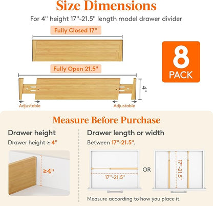 Lifewit 4" High 8 Pack Bamboo Drawer Dividers 43-54cm/17-21.5" Adjustable Wooden Drawer Organizer for Clothes/Utensils, Expandable Drawer Separator for Dresser/Kitchen/Bedroom/Office Organization