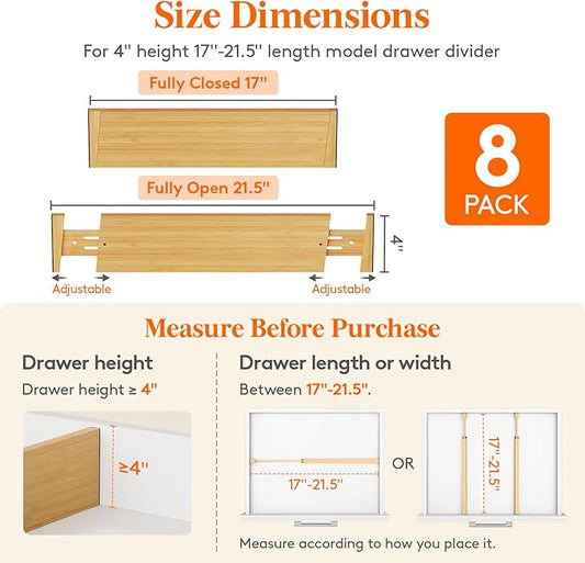 Lifewit 4" High 8 Pack Bamboo Drawer Dividers 43-54cm/17-21.5" Adjustable Wooden Drawer Organizer for Clothes/Utensils, Expandable Drawer Separator for Dresser/Kitchen/Bedroom/Office Organization