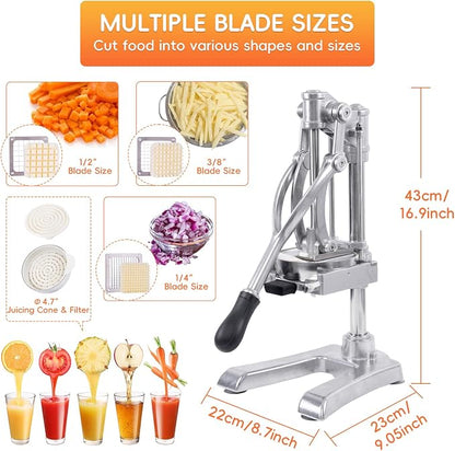 2-in-1 Commercial Juicer & Vegetable Chopper – Heavy Duty Cast Iron Manual Citrus Press with Stainless Steel Food Dicer, French Fry Cutter, 1/2" 3/8" 1/4" Blades for Potatoes
