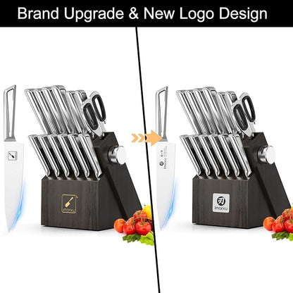 imarku 14-Piece Knife Set with Block, One Set for Meat, Fish, Veggies & Bread, Glides Through Every Cut, High Carbon Stainless Steel with Built-in Sharpener, Dishwasher Safe,Ergonomic Non-Slip Handle