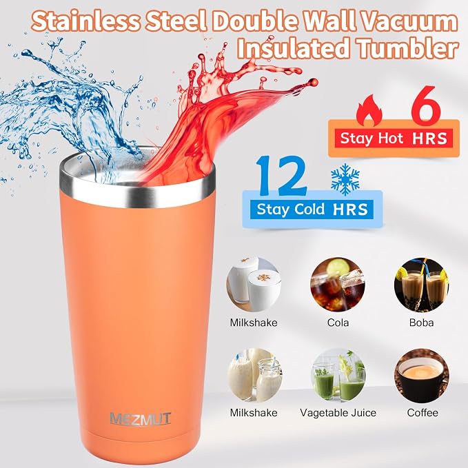 MEZMUT 20oz Tumbler Coffee Travel Mug with Daul Lid and Straw, Stainless Steel Double Wall Vacuum Spill Proof Insulated Tumbler, Hot or Iced Coffee Cups for Drinks (1Pack, Orange)