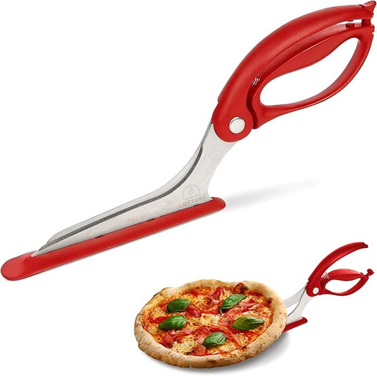 Red Pizza Scissors - Non-Stick Pizza Scissors with Firm Grip Base - Food Grade Stainless Steel Pizza Cutter - 5-in-1 Food Slicer & Pizza Server - Durable, Safe & Mess Free