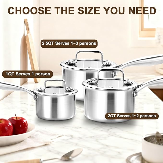 DELARLO Full-body Clad Tri-Ply Stainless Steel Small Brushed Saucepan With Lid, Induction Cooking Sauce Pot Pan, Heavy Duty Saucier Cookware, PFOA&PTFE Free(2 Quart)