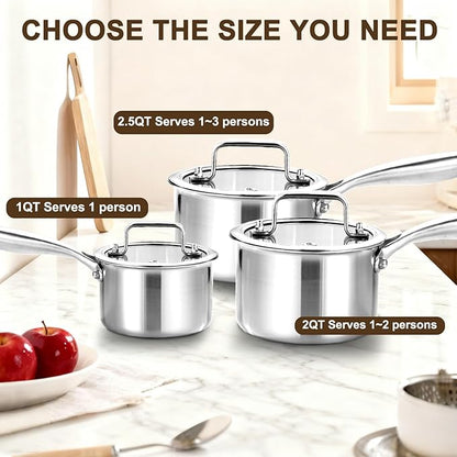 DELARLO Full-body Clad Tri-Ply Stainless Steel Small Brushed Saucepan With Lid, Induction Cooking Sauce Pot Pan, Heavy Duty Saucier Cookware, PFOA&PTFE Free(2 Quart)