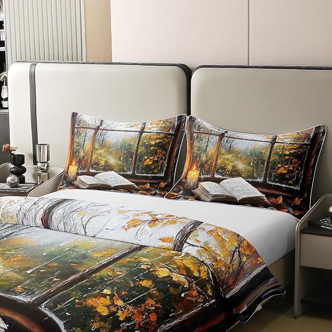 Full Size Duvet Cover Set Reading Book Theme Comforter Cover Set 100% Pure Cotton Maple Leaves Duvet Cover Set (No Filler) Rustic Farmhouse Bedding Set 3 Pcs