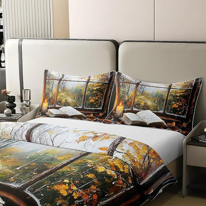 Castle Fairy Reading Book Theme 100% Organic Cotton Duvet Cover Set Maple Leaves Comforter Cover Set (Not Comforter) Rustic Farmhouse Bedding Set Queen Size 3 Pcs