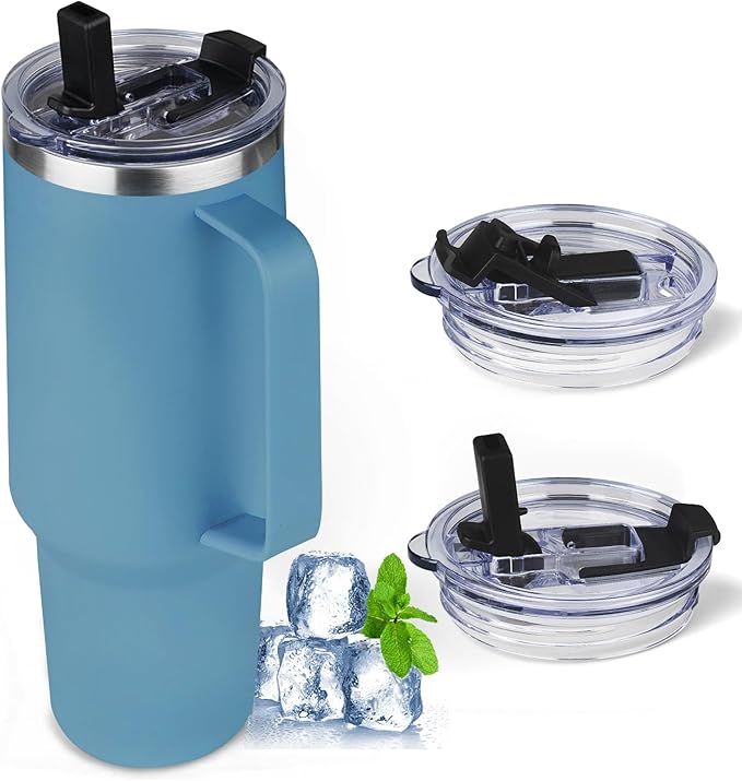 40 oz Tumbler with Handle and Flip Straw, 100% Leakproof Insulated Tumbler with Lid and Straw, Stainless Steel Travel Coffee Mug, Insulated Coffee Thermal Cup for Cold and Hot (Maya Blue)