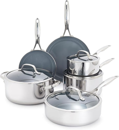 GreenPan Valencia Pro Tri-Ply Stainless Steel 10 Piece Cookware Set, PFAS-Free Ceramic Nonstick Coating, Induction Ready Pots & Pans, All Cooktops, Dishwasher & Oven Safe to 600F