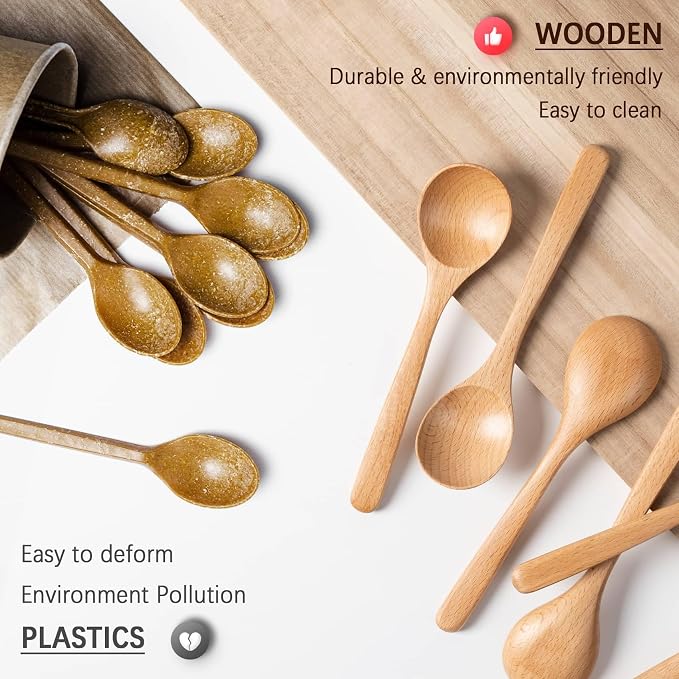4 PCS Wooden Spoons for Eating, 7 inch Wooden Honey Spoons for Tea, Wood Teaspoons for Stirring Coffee, Beech Wood Table Spoon for Cooking, Small Serving Spoon for Soup, Desserts & Cereal