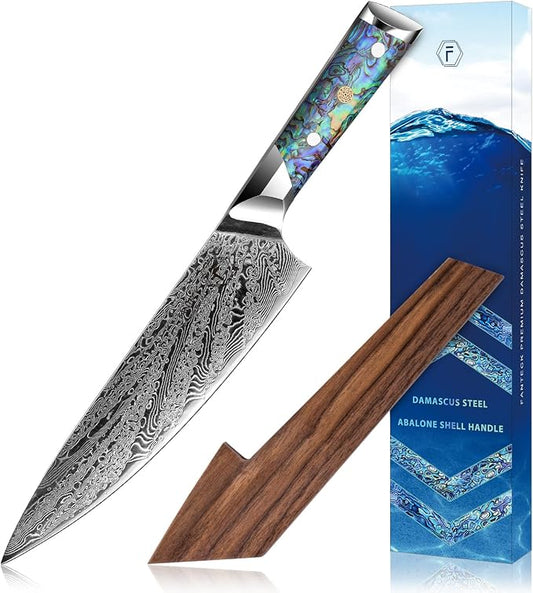 FANTECK Chef Knife 8 Inch,Damascus Japanese Professional High Carbon 67-layers VG10 Kitchen Cooking Knife,Super Sharp Stainless Steel Chef Knives with Full Tang Abalone Shell Handle-Walnut Wood Cover
