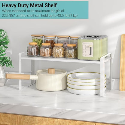 2 Pack Expandable Cabinet Organizer Shelves, 88lbs High Weight Capacity, Stackable Heavy-Duty Metal Storage Rack, Adjustable Cabinet Shelf for Kitchen, Pantry, Cupboard, Under Sink, White