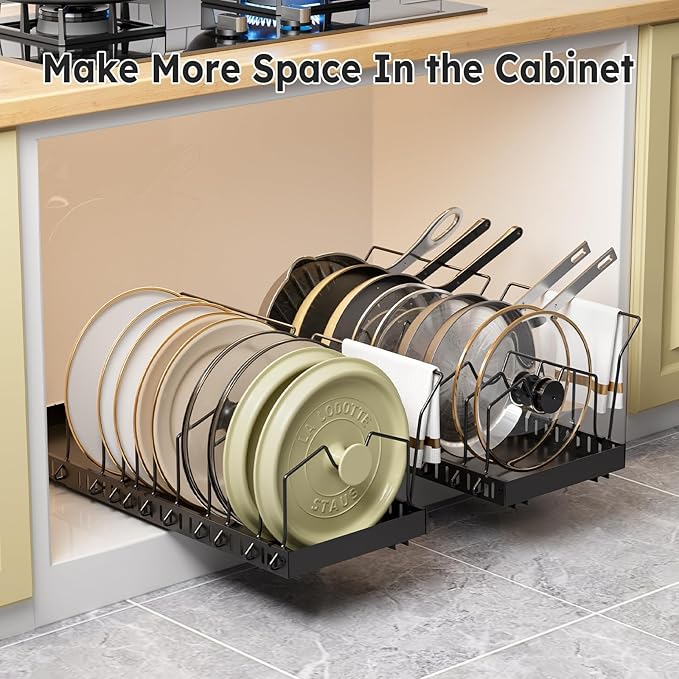 DTUQYX 2 Pack Pots and Pans Organizer - Expandable Pull Out Pot and Pan Organizer with 20 Adjustable Dividers for Kitchen,Smooth Sliding Inside Cabinet for Pot Lid,Cookware,Tableware