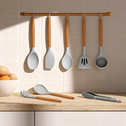 Kitchen Utensils Set - 12 Pcs Silicone Cooking Utensils Set with Wooden Handle - Heat Resistant Non-Stick BPA Free Spatula Set,Turner, Spoon, Brush, Silicone Kitchen Gadgets Utensil Set
