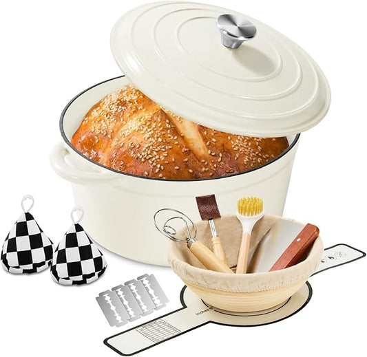 Enameled Cast Iron Dutch Oven with Lid -6.5 QT, incl. Sourdough Bread-Baking Supplies like Banneton Proofing Basket, Heavy Duty Cookware Bread-Oven for Baking, Stews, and Roasting, Cream White