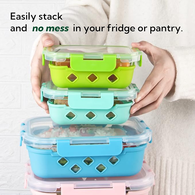 10 Pack Glass Meal Prep Containers with Removable Silicone Sleeves,Food Storage Container Set with Airtight Lids (34oz+12oz)