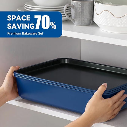 Wildone 13-Piece Baking Pans Set Nonstick - Stackable Bakeware Sets Including Cookie Sheets for Baking, Rack, Muffin Pan, Cake pan, Loaf Pan, Roasting Pan, Heavy Duty & Easy Clean, Blue