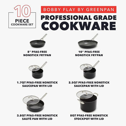 GreenPan x Bobby Flay Hard Anodized Nonstick 10 Piece Cookware Set, PFAS-Free Ceramic Pots & Pans, Induction Suitable, Frypans, Saucepans Saute, Stockpot, Glass Lids, Dishwasher & Oven Safe, Black