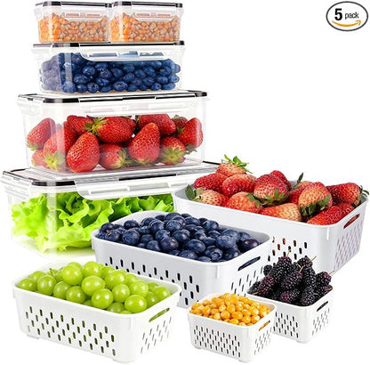 KUK 5 Pack Fruit Storage Containers for Fridge, Leakproof Food Containers with Removable Colander, Fruit Containers for Fridge BPA Free Produce Containers Keep Vegetables Berry Meat Fresh Longer (5)